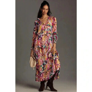 Anthropologie The Marais Printed Chiffon Maxi Dress Long Sleeve Small